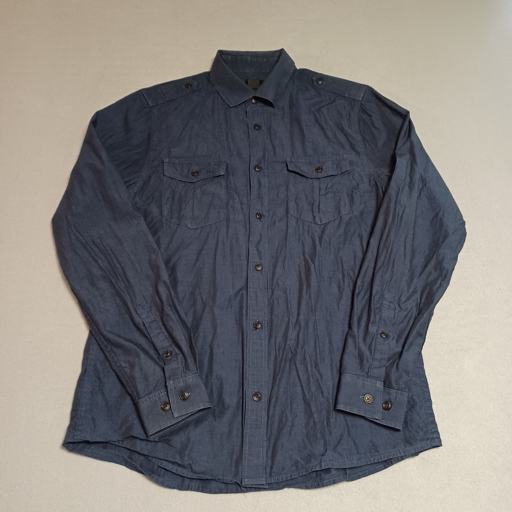 H&M Mens Medium Navy Blue Cotton Utility Shirt Long Sleeve Epaulets Pockets